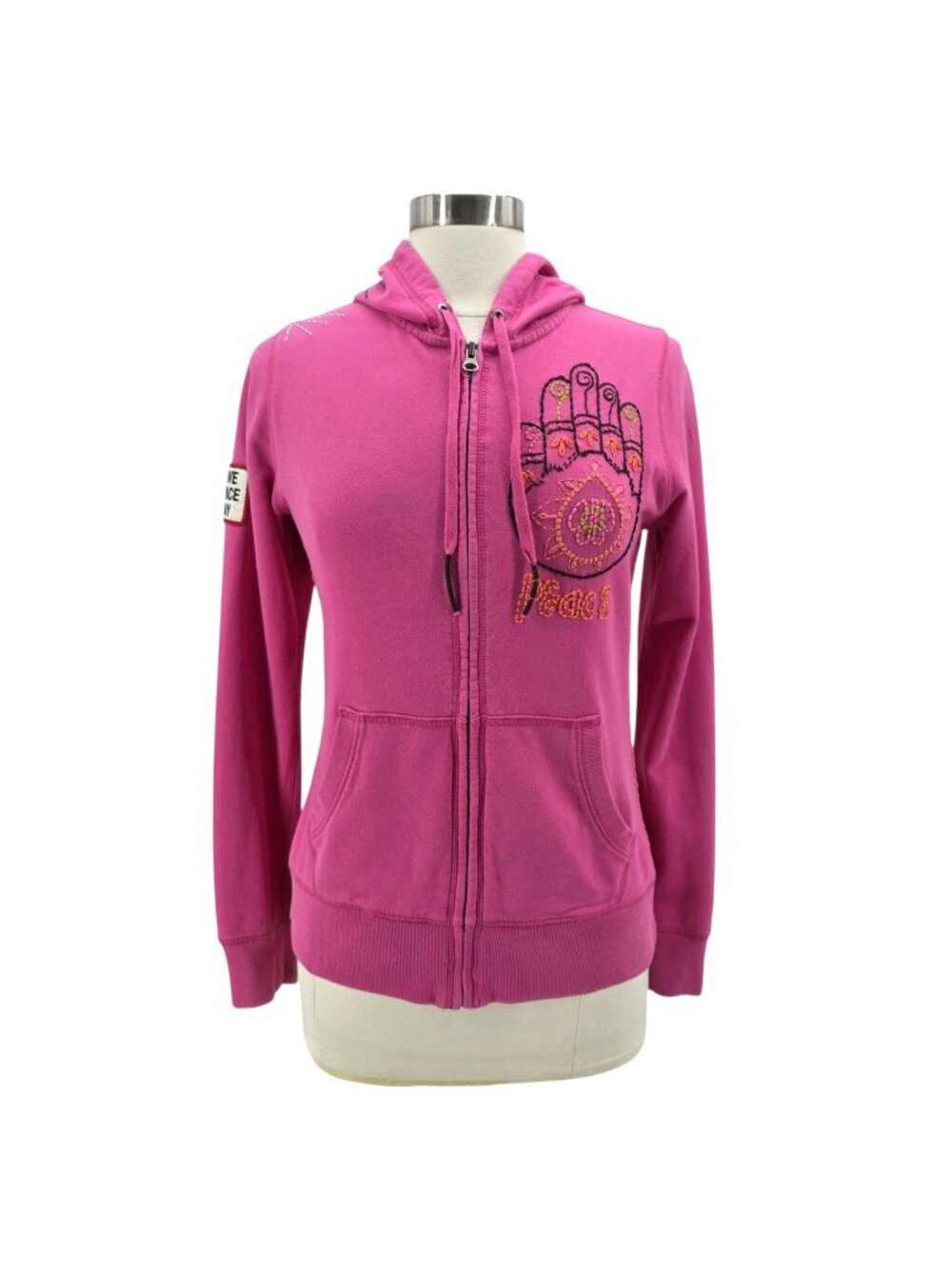 Lucky Brand Womens Medium Hoodie Peace Hamsa Hand Embroidered Pink Zipper Y2K